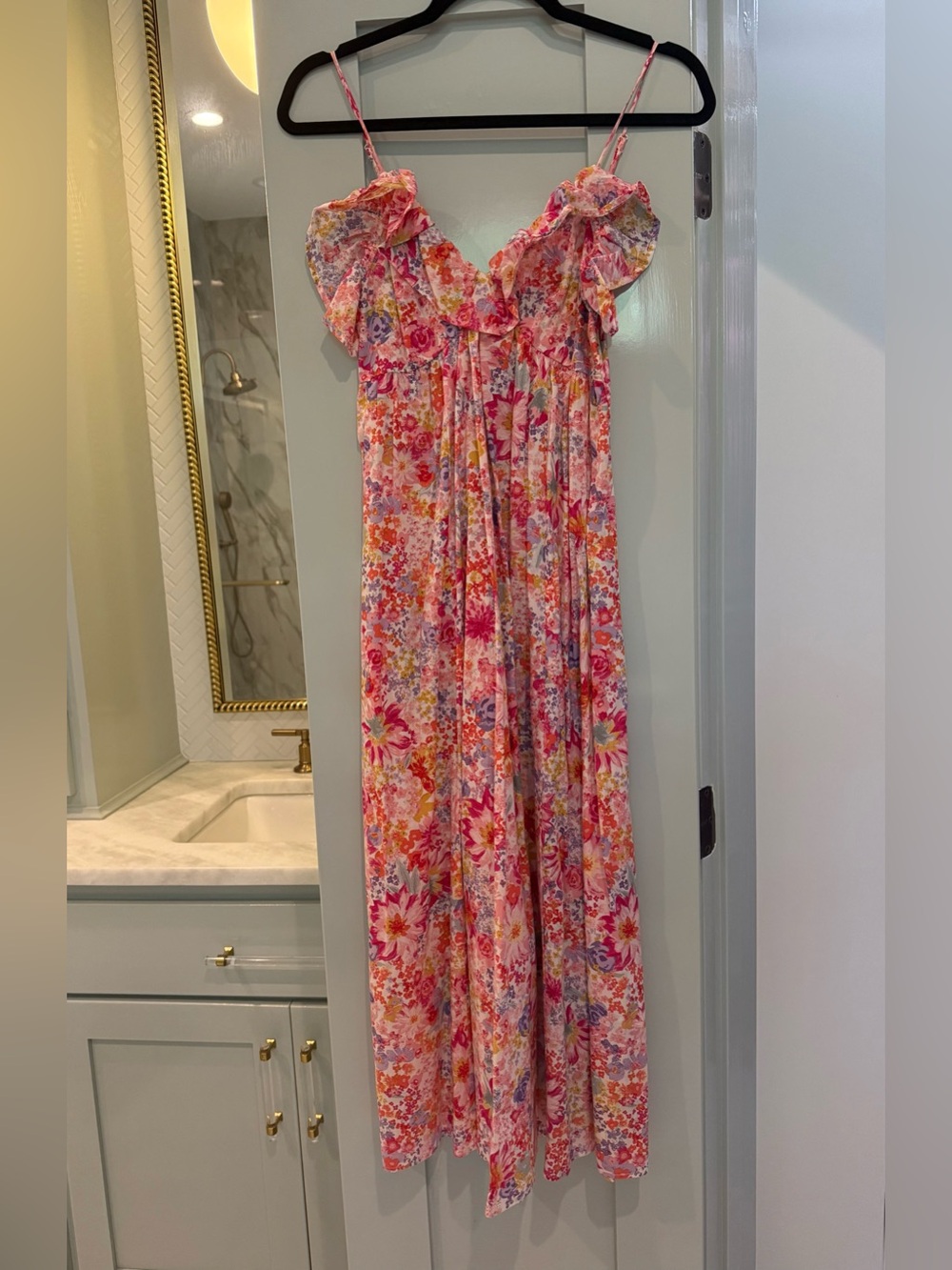 NWT H&M Pink Multi Floral Ruffle Cotton Flounced Midi Maxi Summer Dress size XS